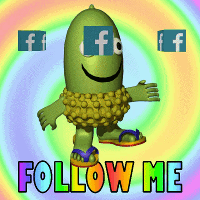 a cartoon character with a facebook logo on his head and the words follow me below him