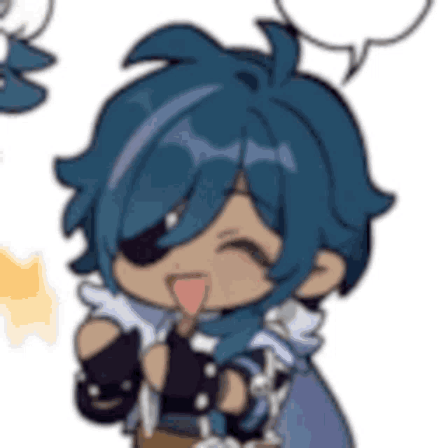 a cartoon character with blue hair and a speech bubble is holding a sword .