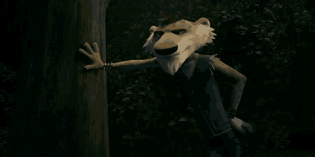 a cartoon character leaning against a tree trunk
