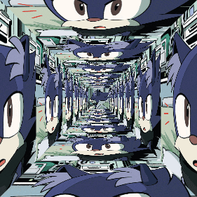 a cartoon drawing of sonic the hedgehog looking down a tunnel