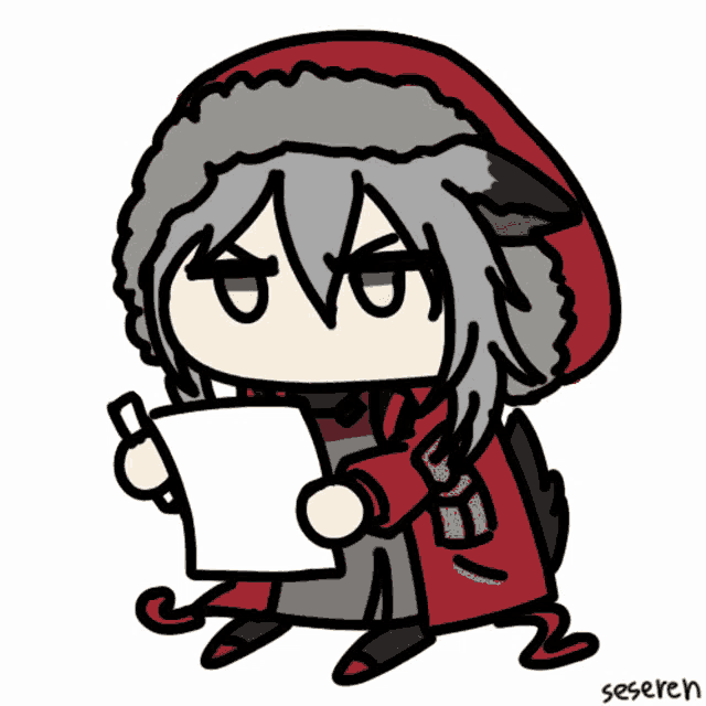 a drawing of a girl in a red coat holding a piece of paper with the name seseren written below it
