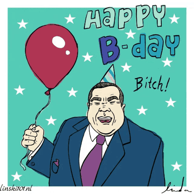 a cartoon of a man holding a red balloon with the words happy b-day bitch on the bottom