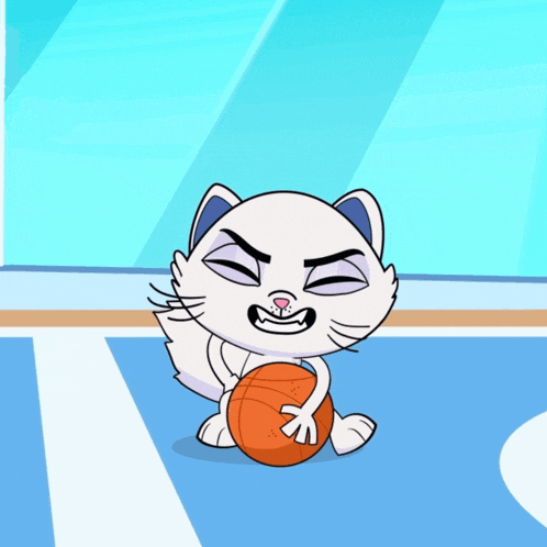 a cartoon cat is holding a basketball and making a face