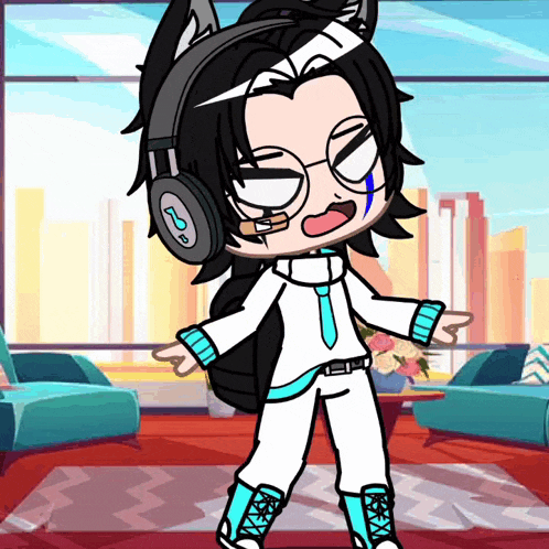 a cartoon character wearing headphones with the letter b on it