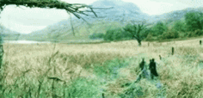 a blurred image of a field with mountains in the background