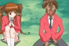 a man in a red suit is kneeling next to a girl in a red school uniform