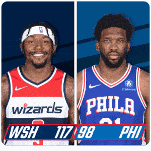 two basketball players from the wizards and the philadelphia 76ers are standing next to each other
