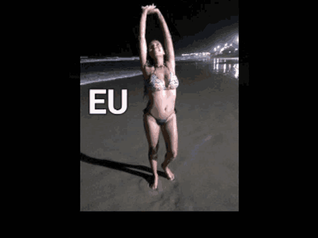 a woman in a bikini stands on a beach with the word praia written on the bottom