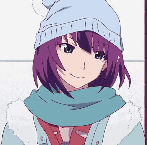 a purple haired anime girl wearing a blue hat and scarf