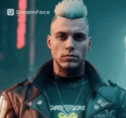 a man with a mohawk is wearing a leather jacket and a scorpion necklace .