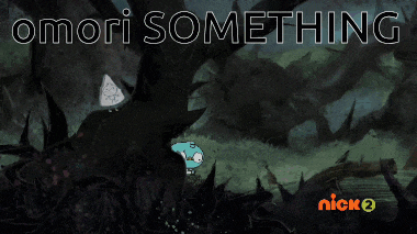 a cartoon character is walking through a dark forest and the words omori something are above him
