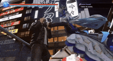 a video game screen shows a man fighting a woman with the option to defend yourself