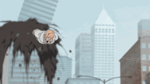 a cartoon character is flying through the air in front of a city