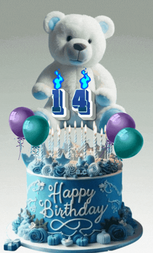 a teddy bear is sitting on top of a birthday cake with the number 14 on it