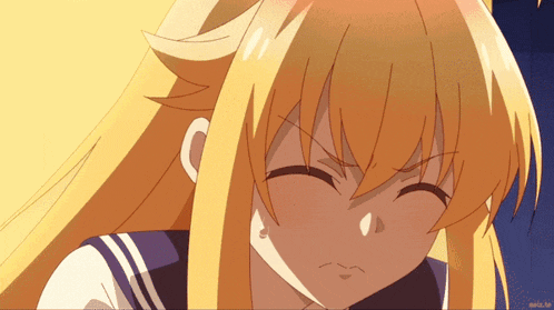 a close up of a blonde anime girl with a purple sailor suit on