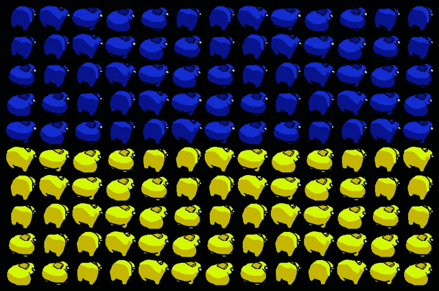 a pattern of blue and yellow sheep on a dark background