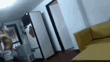 a living room with a couch and a refrigerator
