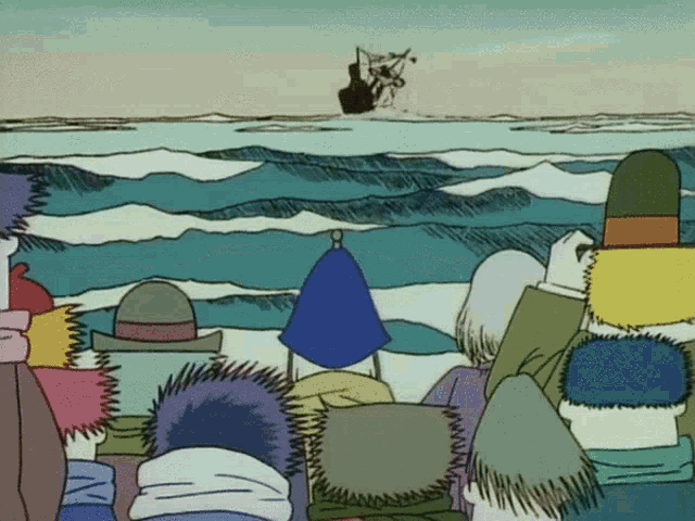 a group of people are looking at a boat in the ocean