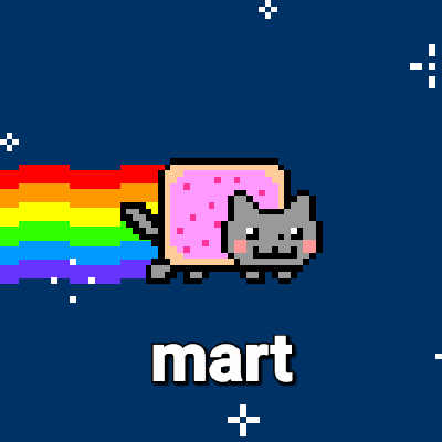 a pixel art of a cat with a rainbow coming out of its mouth and the word mart below it