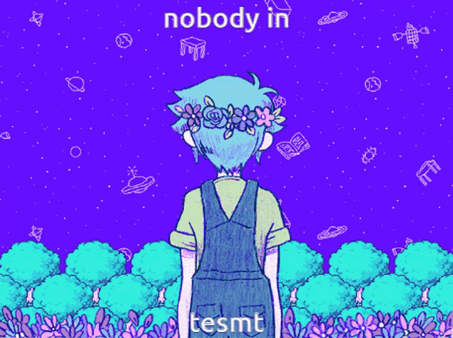 a drawing of a boy with a flower crown on his head with the words nobody in tesmt below him