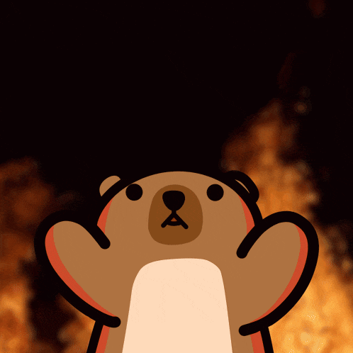 a cartoon bear is standing in front of a fire with its arms outstretched