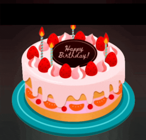 a happy birthday cake with strawberries and candles on it