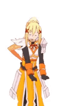 a cartoon of a girl with her arms in the air .
