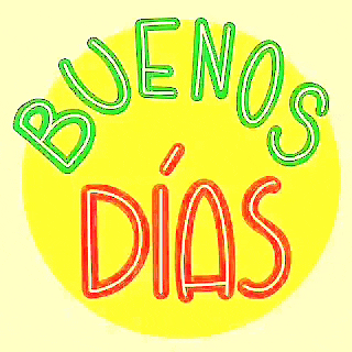 a yellow circle with the words buenos dias written in red and green letters .