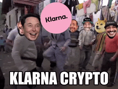 a group of people are dancing with a pink circle that says klarna