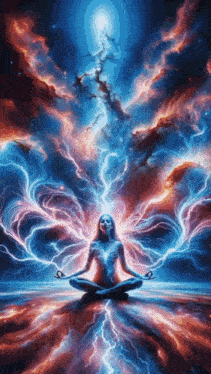 a woman in a lotus position with lightning coming out of her body