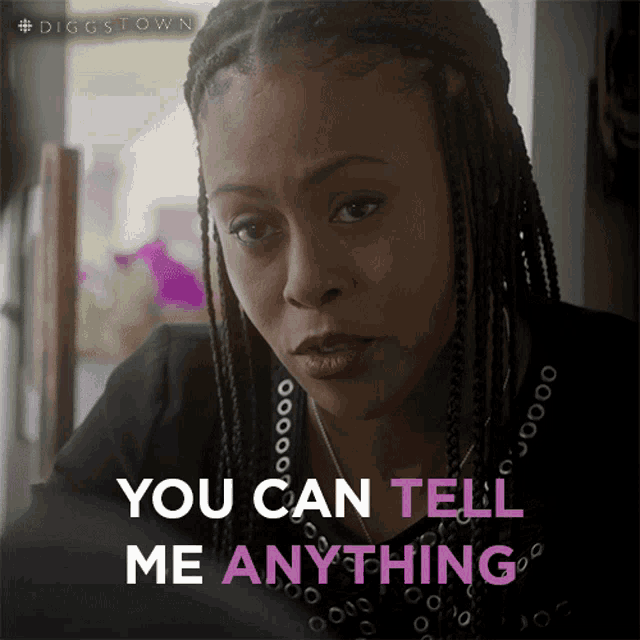 a woman says you can tell me anything in pink