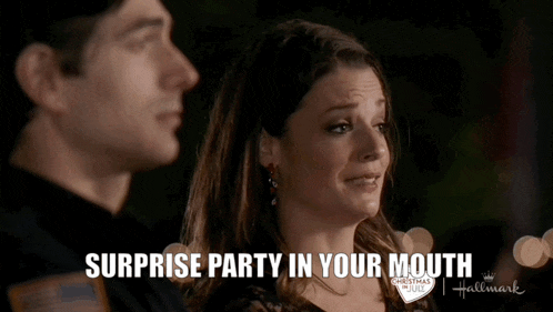 a woman says surprise party in your mouth in front of a police officer