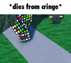 a person wearing a colorful outfit is walking down a sidewalk with the words `` dies from cringe '' above them .