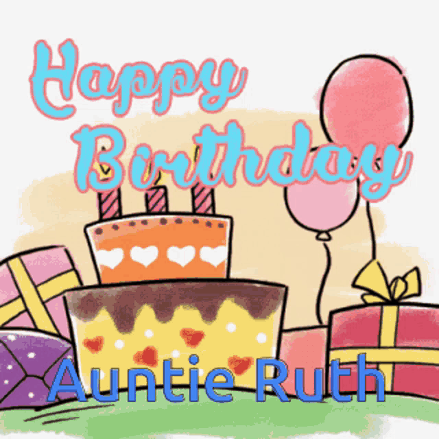 a happy birthday card for auntie ruth with a cake and balloons