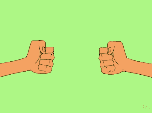 a cartoon drawing of two orange hands on a green background with a drawing of a cat on the bottom right corner