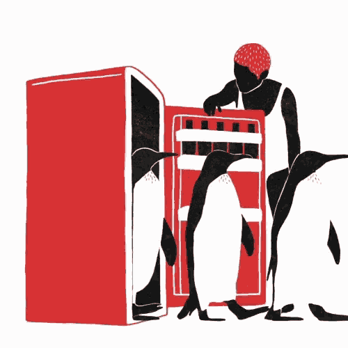 penguins are standing in front of a red box that says ' coca cola '
