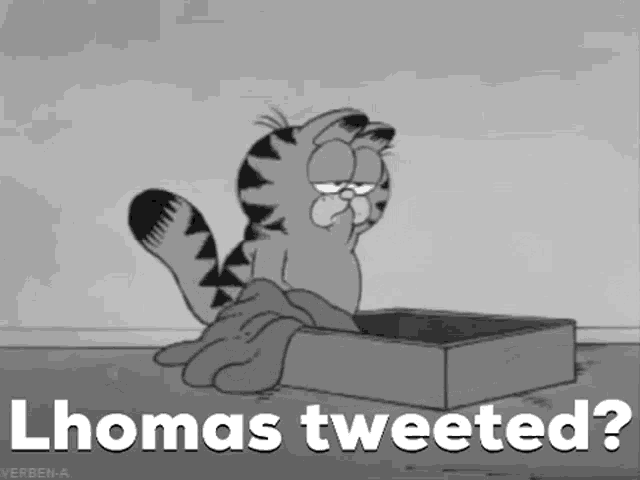 a black and white cartoon of garfield sitting in a box with the words lthomas tweeted .
