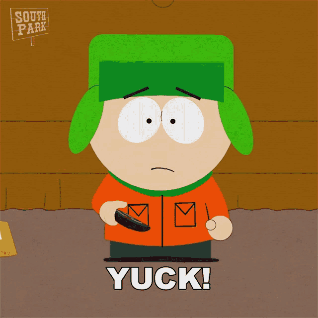 a cartoon character from south park has the word yuck on his chest