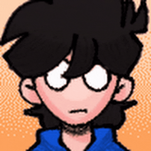 a cartoon of a boy with black hair and a blue shirt