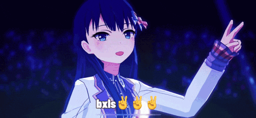 a blue haired anime girl giving a peace sign with the letters bxis above her