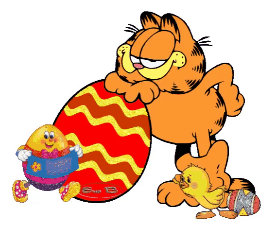 a cartoon of garfield holding an easter egg with a happy easter written on it