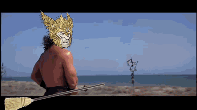 a drawing of a man standing on a beach with a broom in front of him
