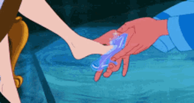 a cartoon of a woman putting a glass slipper on a man 's finger