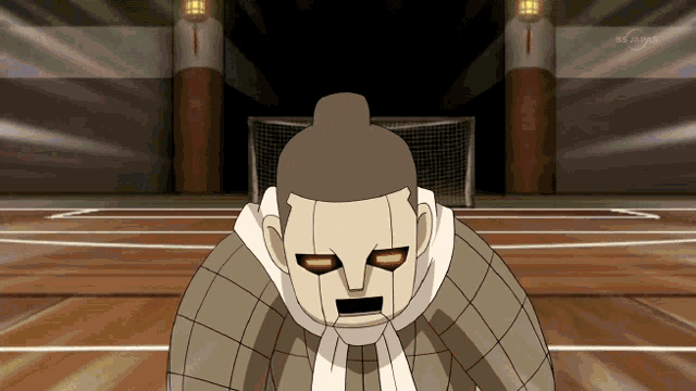 a cartoon of a sumo wrestler with red eyes on a basketball court