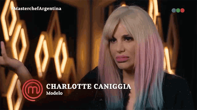 a woman with pink and blue hair is featured on a masterchef argentina show
