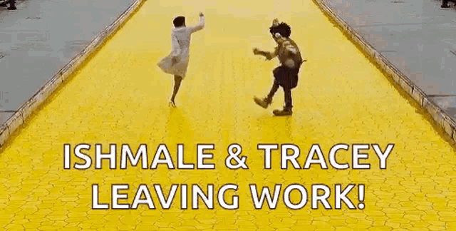 a woman and a scarecrow are running on a yellow tiled road .