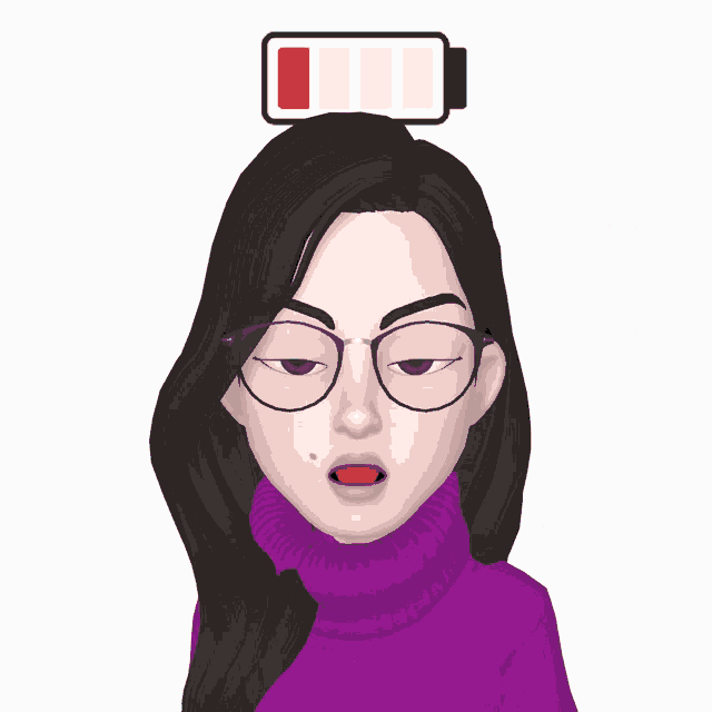 a woman wearing glasses and a purple sweater has her eyes closed