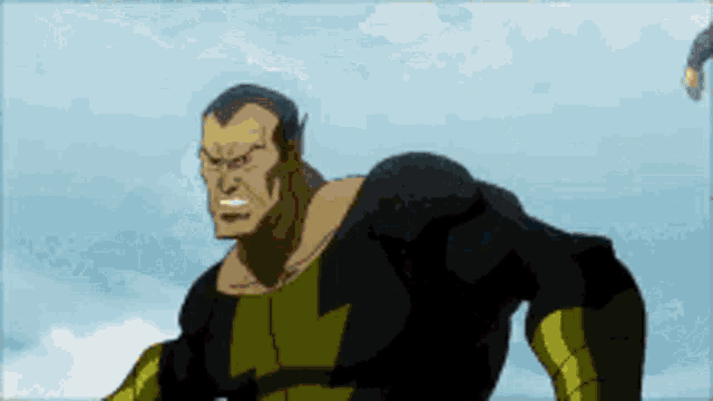 a man in a black and yellow superhero costume with a lightning bolt on his chest