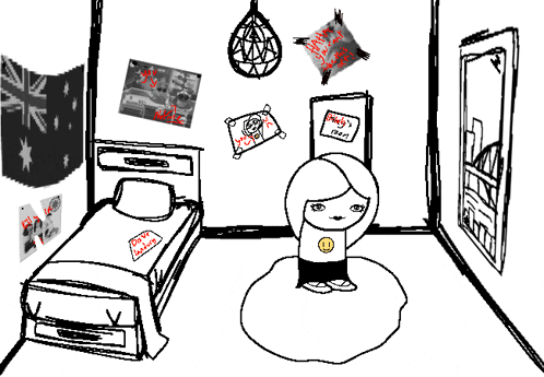 a black and white drawing of a girl sitting in a room with posters on the wall