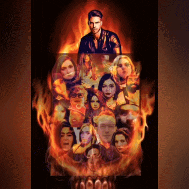 a poster of a man surrounded by flames with many faces on it